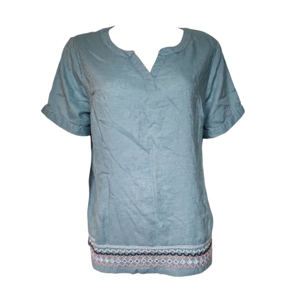 Naturals by D&Co Top Womens‎ Size M Medium Blue Embroidered Linen Pullover
